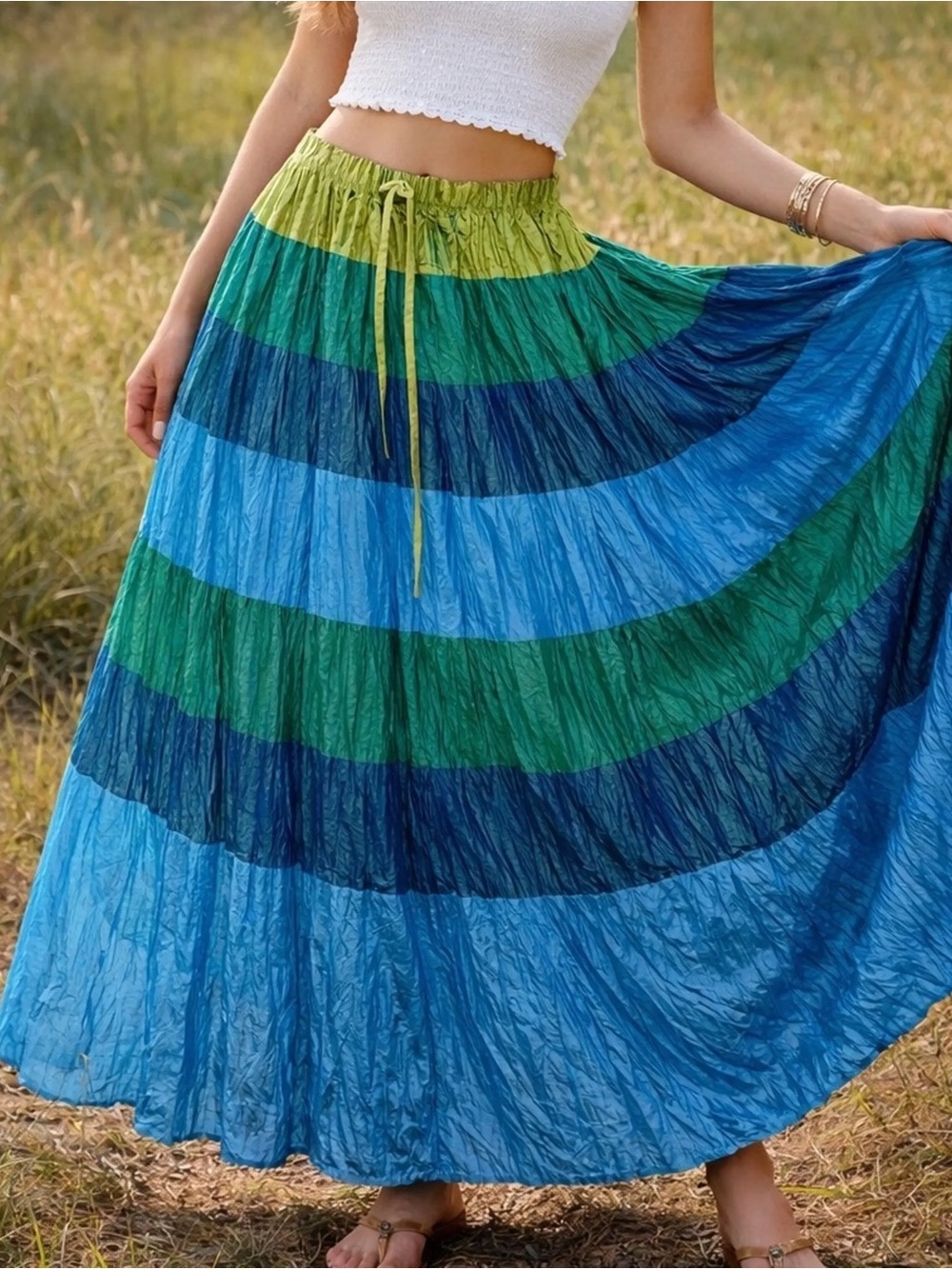 Cache Y2K 100% Silk Peasant Crinkle Striped Iridescent Maxi Skirt Green Blue